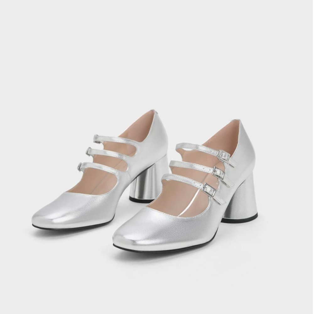 Brand new in box Silver triple buckle heels